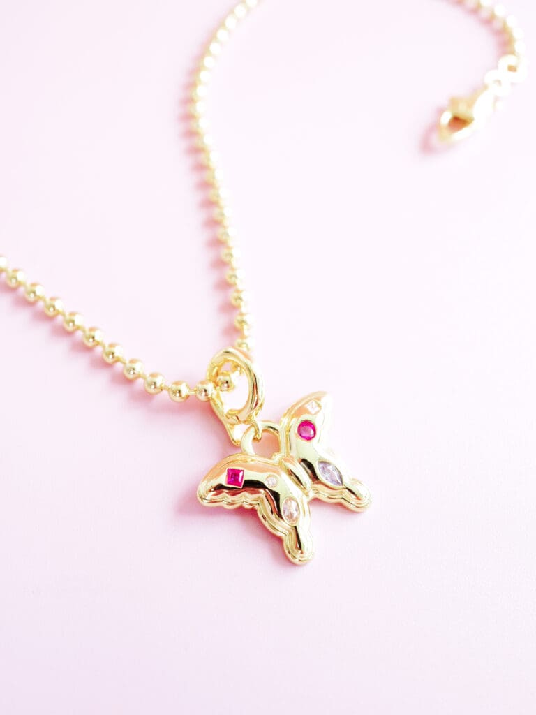 Fish & Ball 18″ Necklace + Pink Butterfly Charm